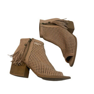 Qupid Womens Size 8M Boho Block Heel Peep Toe Ankle Bootie W/fringe, Zipper, Y2K